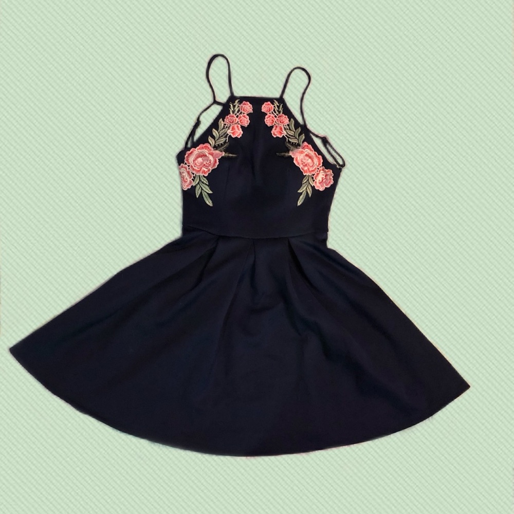 Navy Blue Dress with Floral Embroidery 🌷
